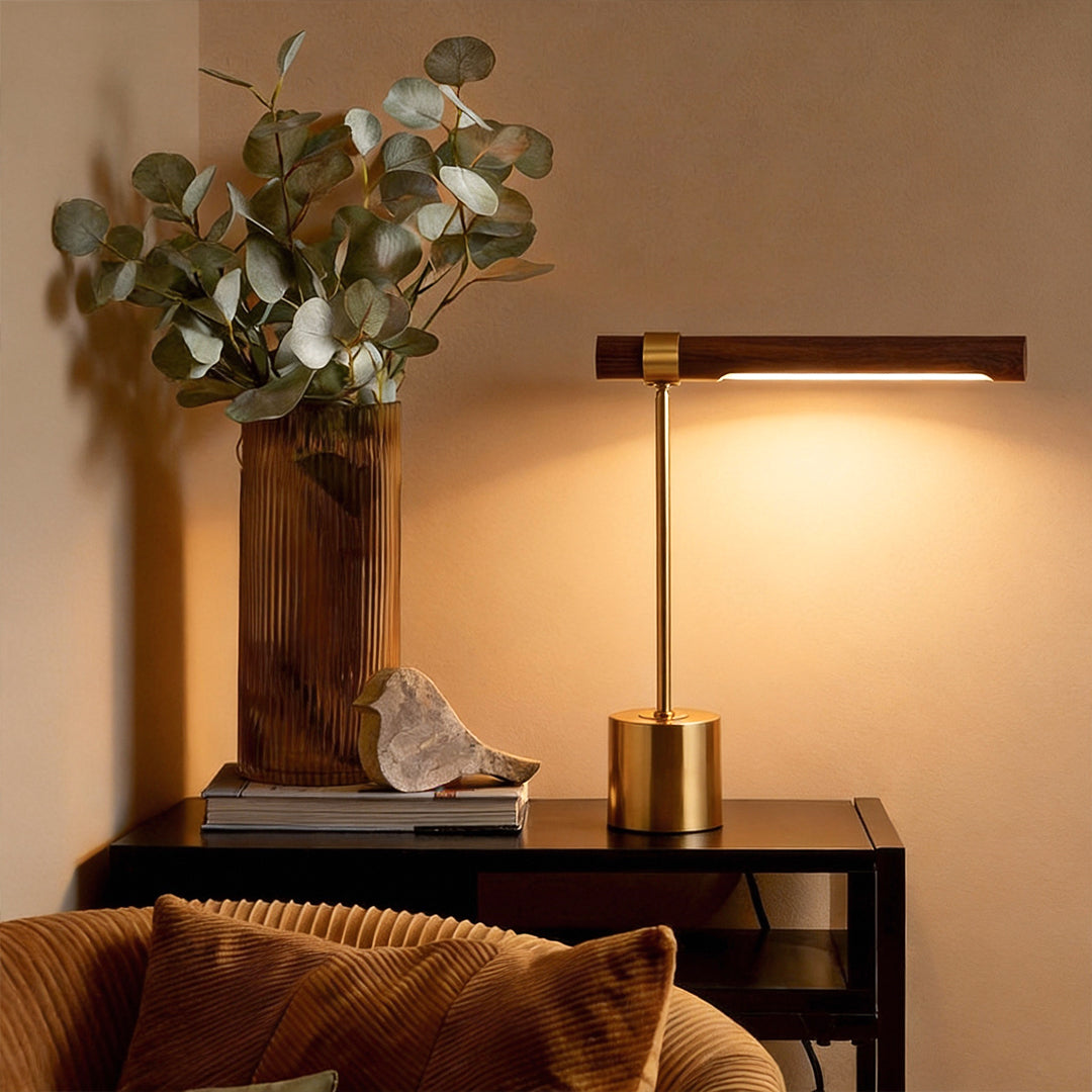 Mid Century Modern Wood and Brass Linear LED Floor Lamp for Living Room