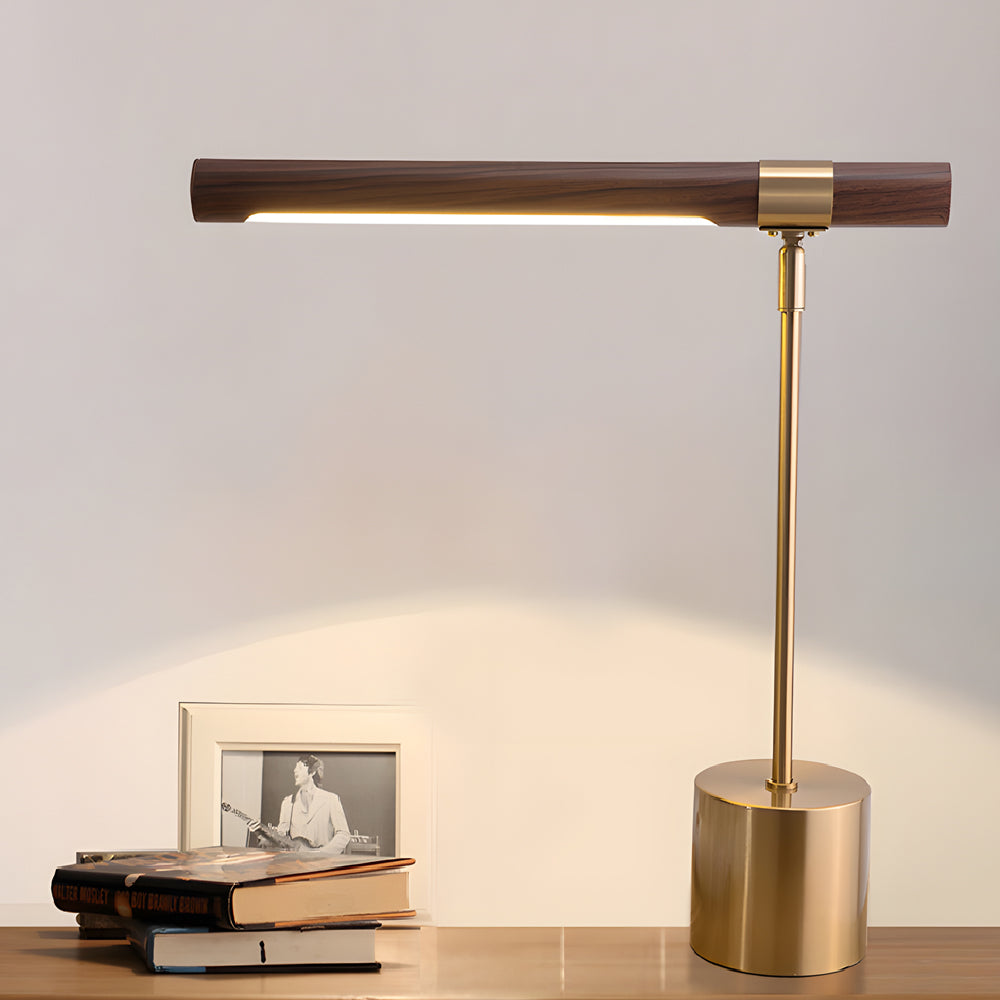 Mid Century Modern Wood & Brass Linear LED Table Lamp for Living Room