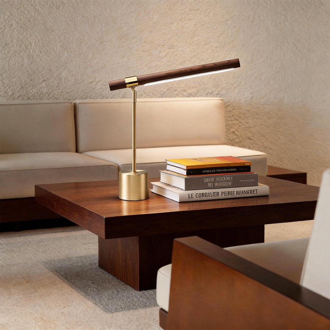 Mid Century Modern Wood and Brass Linear LED Floor Lamp for Living Room