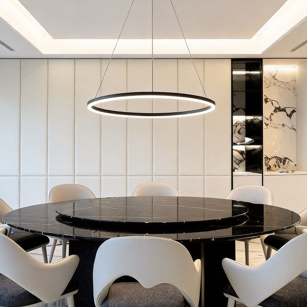 Sleek Black LED Ring Chandelier Fixture in Durable Aluminum for Modern Spaces