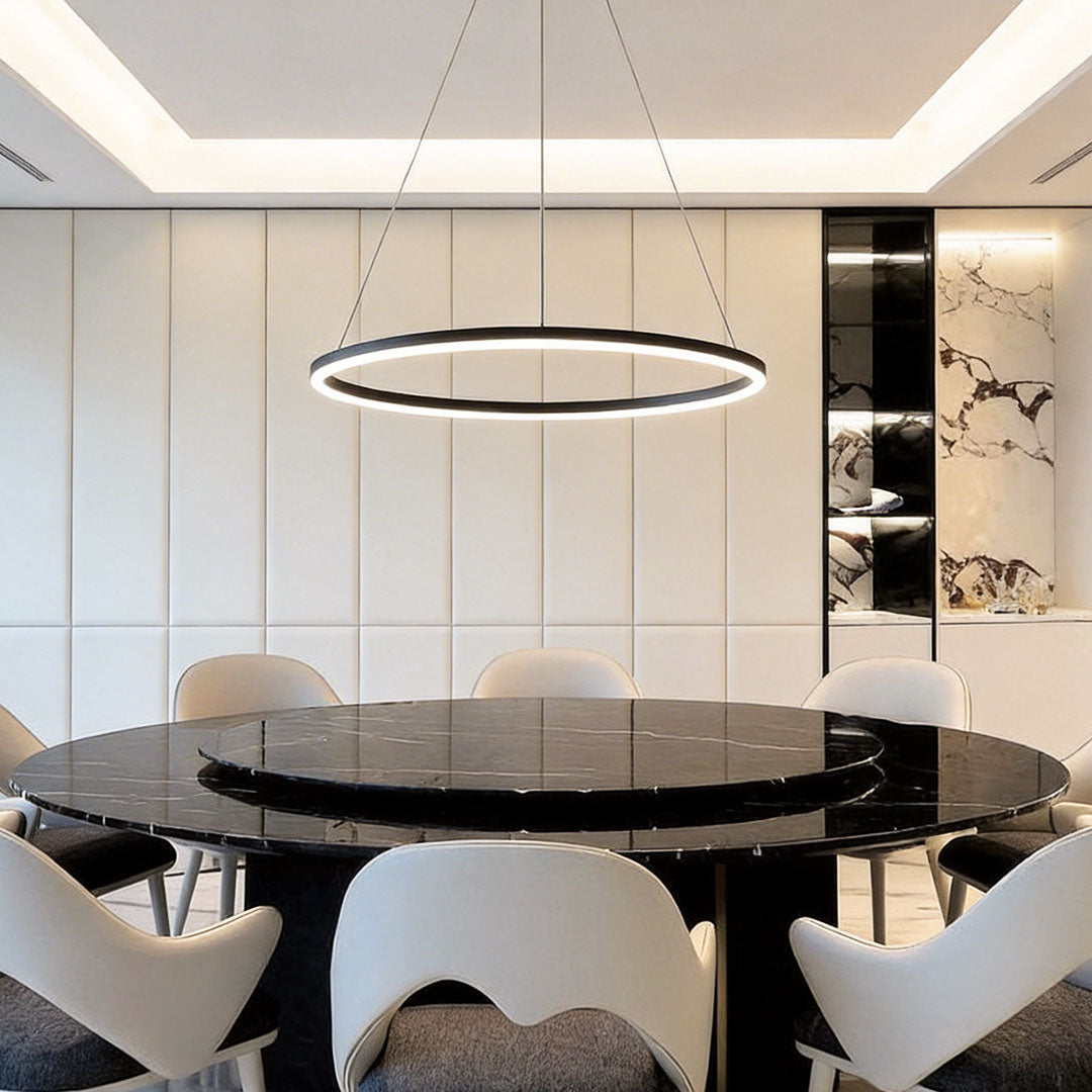 Sleek Black LED Ring Chandelier Fixture in Durable Aluminum for Modern Spaces
