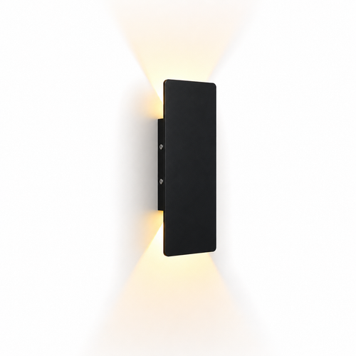 Modern black LED wall sconce with a rectangular minimalist design, emitting soft warm light in both upward and downward directions against a white wall.