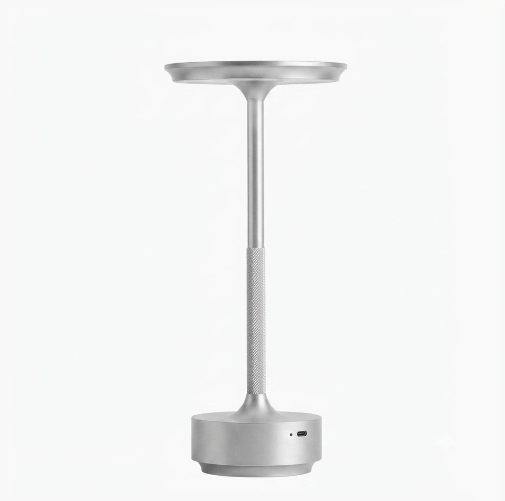 Minimalist cordless rechargeable table lamp in brushed aluminum, featuring a slender stand and a sleek, circular light head, shown against a solid white background.