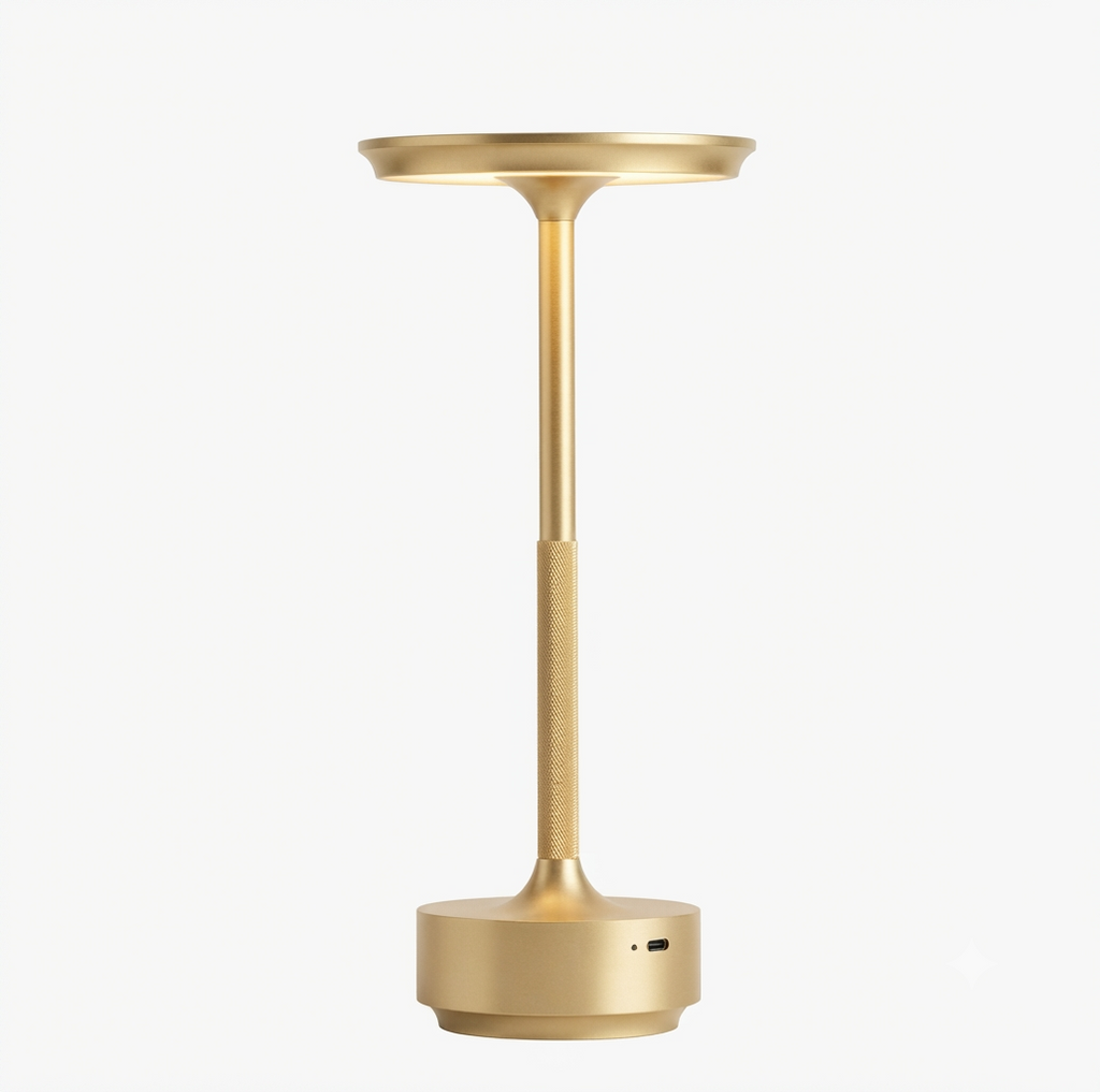 Minimalist cordless rechargeable table lamp with a brushed gold finish, featuring a slender stand and a sleek, circular light head, shown against a solid white background.