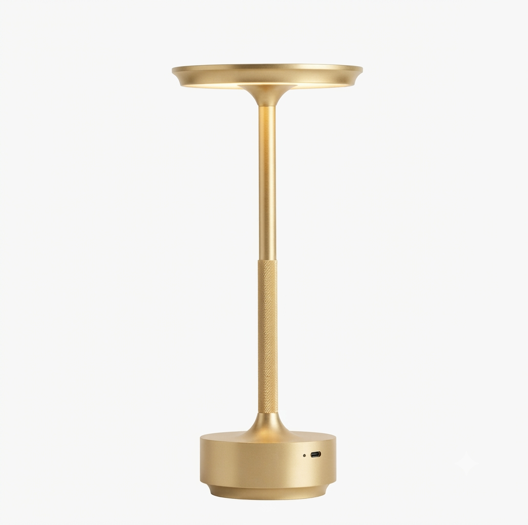 Minimalist cordless rechargeable table lamp with a brushed gold finish, featuring a slender stand and a sleek, circular light head, shown against a solid white background.