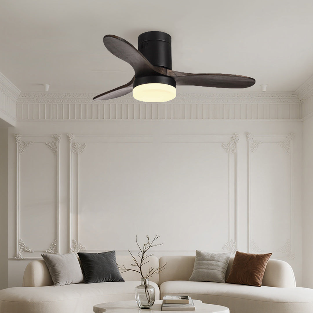 Rustic Wood Three-Blade LED Ceiling Fan with Remote Control for Living Room