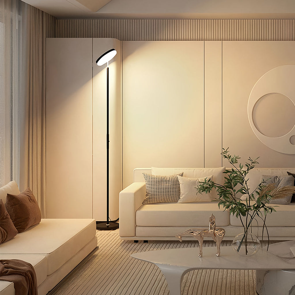 Modern Brass Uplight Floor Lamp with White Shade for Cozy Reading Nook