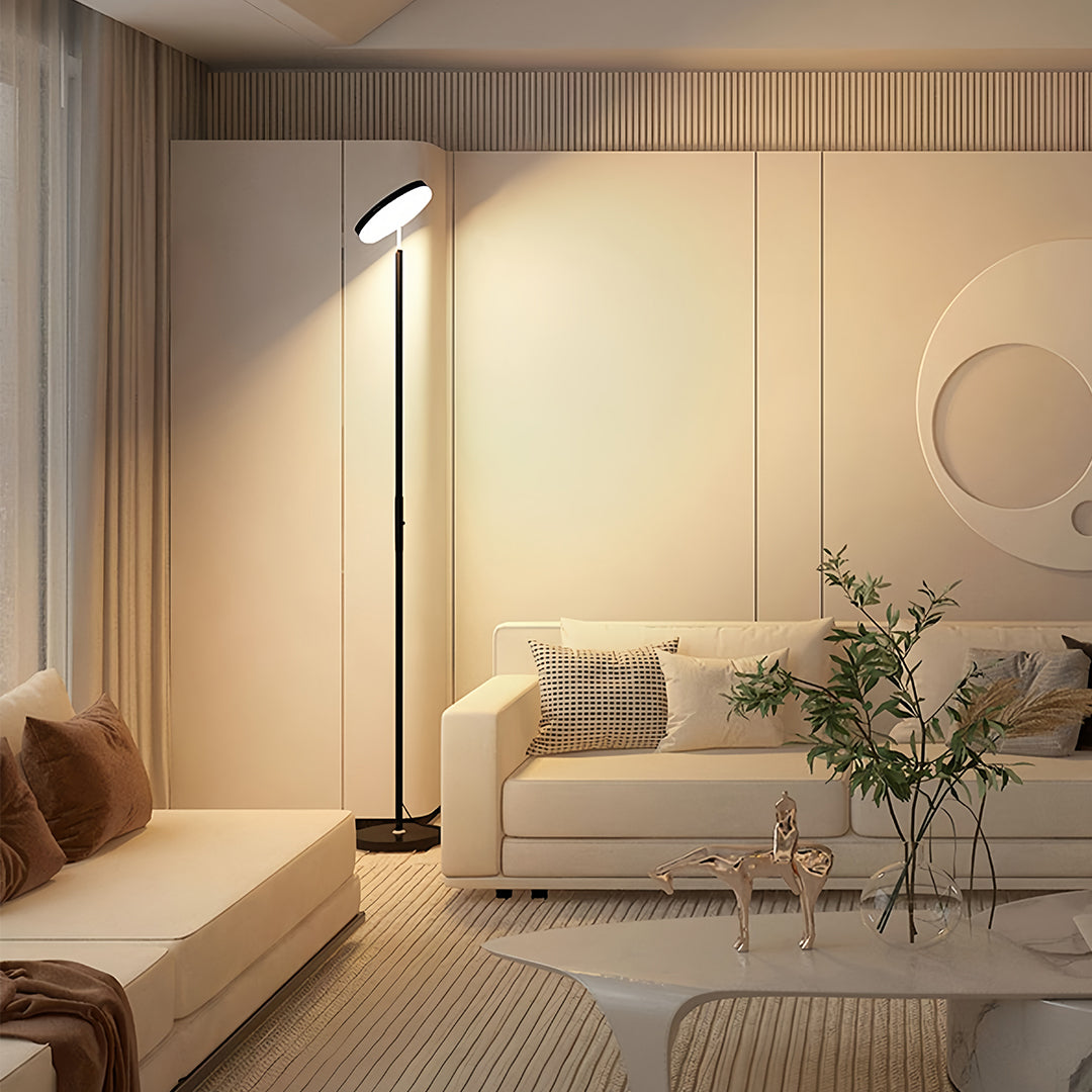Modern Brass Uplight Floor Lamp with White Shade for Cozy Reading Nook
