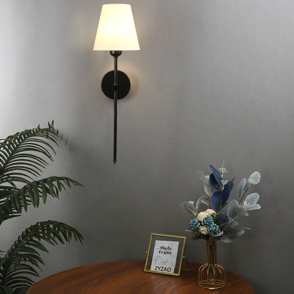 Contemporary Black and Gold Wall Sconce with White Linen Shade for Living Room