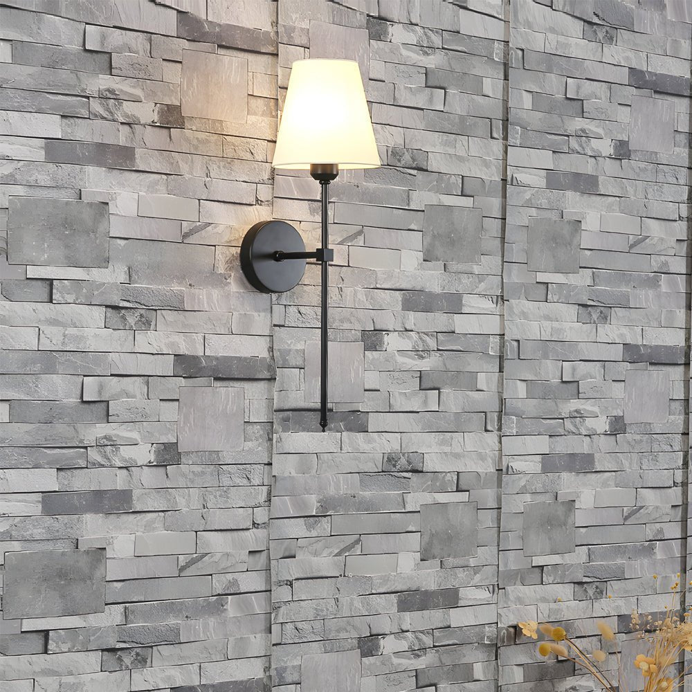 Contemporary Black and Gold Wall Sconce with White Linen Shade for Living Room