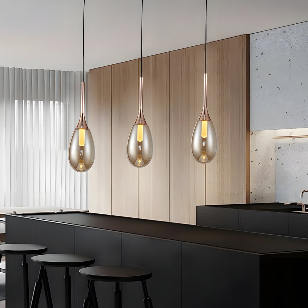 Stylish Amber & Smoke Gray LED Teardrop Glass Pendant Light for Kitchen
