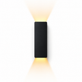 Modern black solar-powered LED path light with 7-shaped design and ground stake on white background.