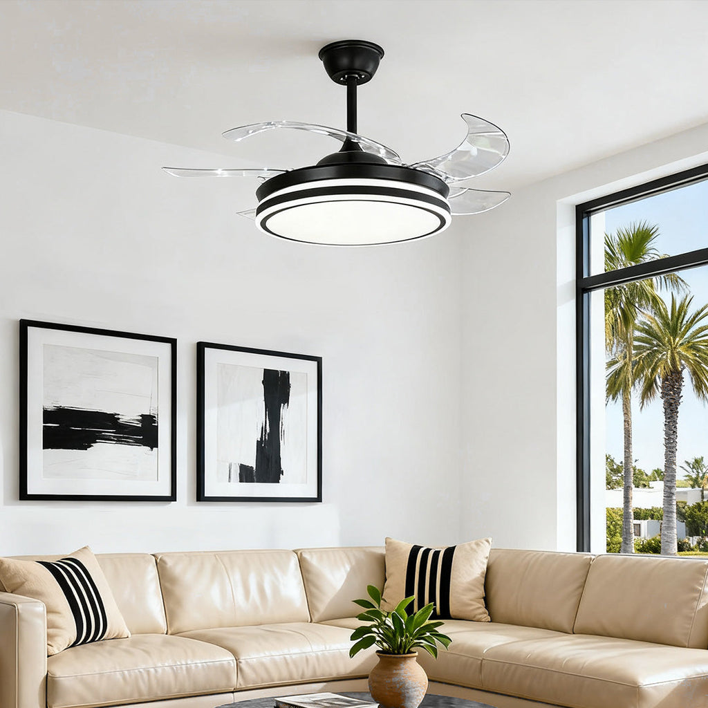 Modern Black All-Copper Ceiling Fan with Remote and Lights for Living Room