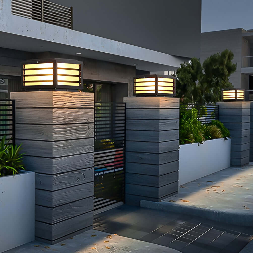 Contemporary Black Square Grid LED Pillar Lights for Outdoor Spaces