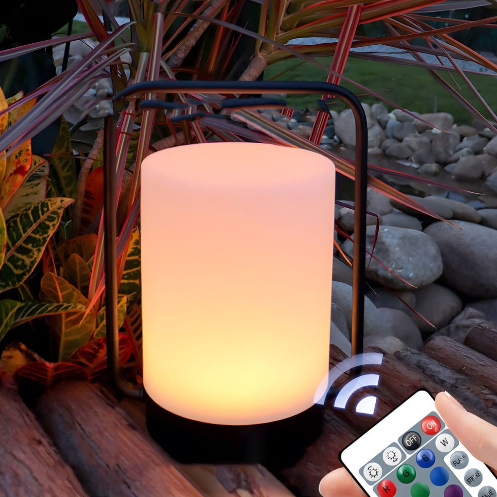 Modern Black USB Outdoor Table Lamp with White Shade for Patio Use