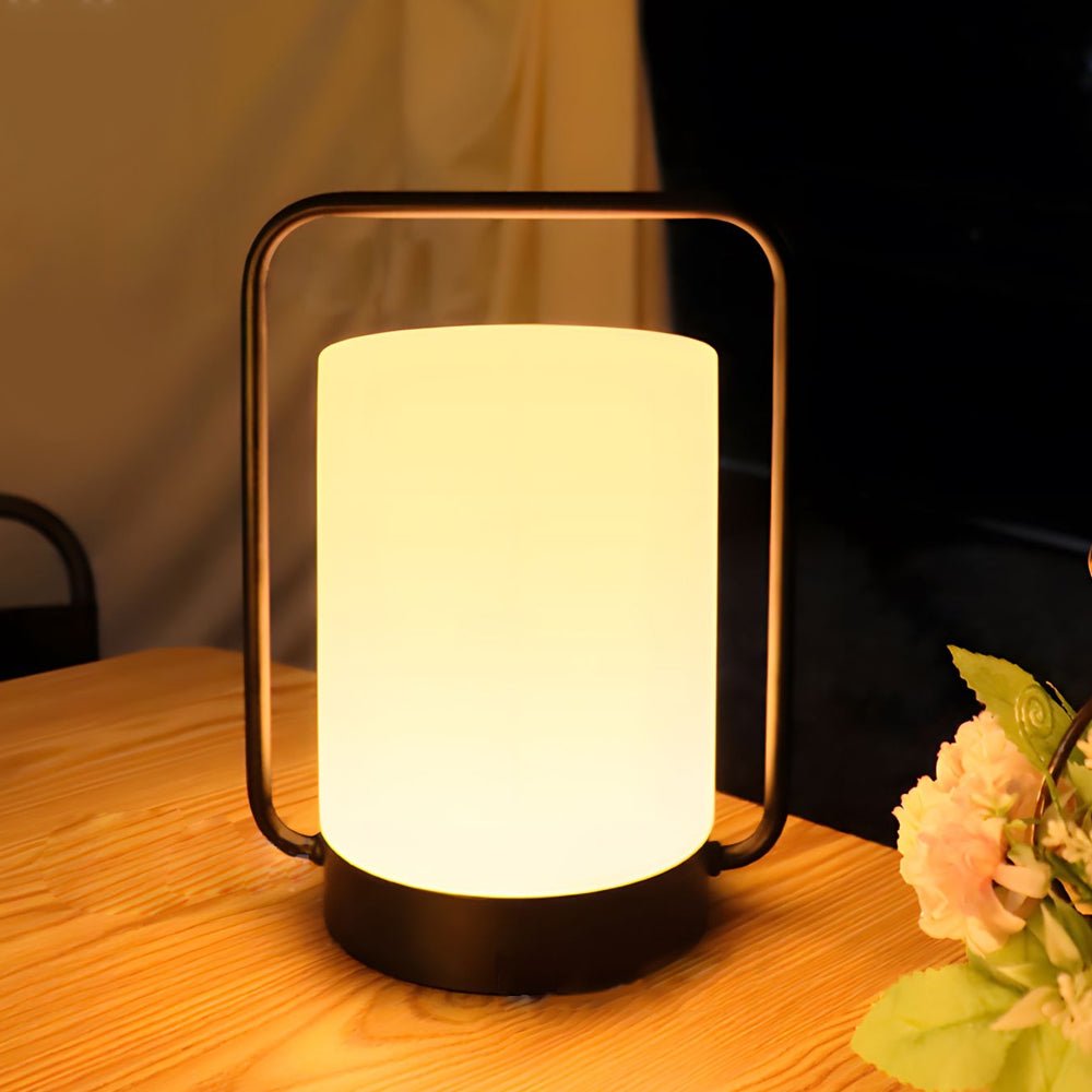 Modern Black USB Outdoor Table Lamp with White Shade for Patio Use
