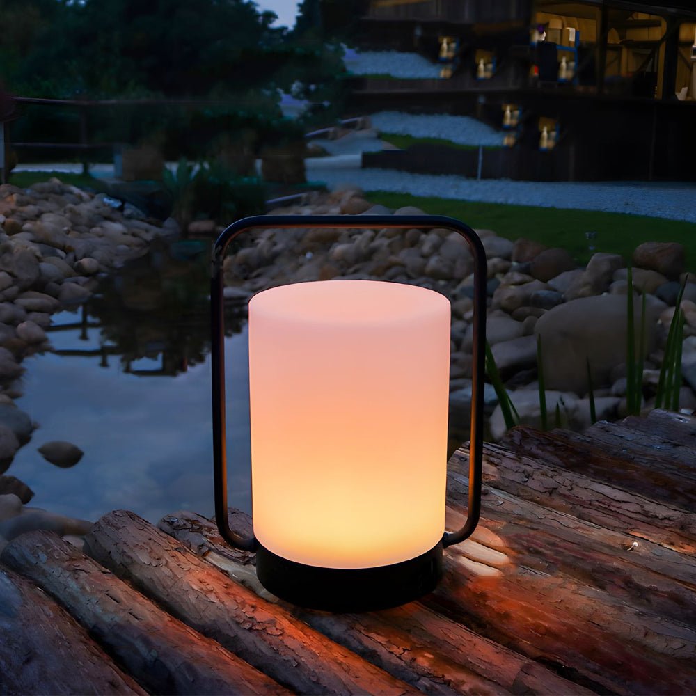Modern Black USB Outdoor Table Lamp with White Shade for Patio Use