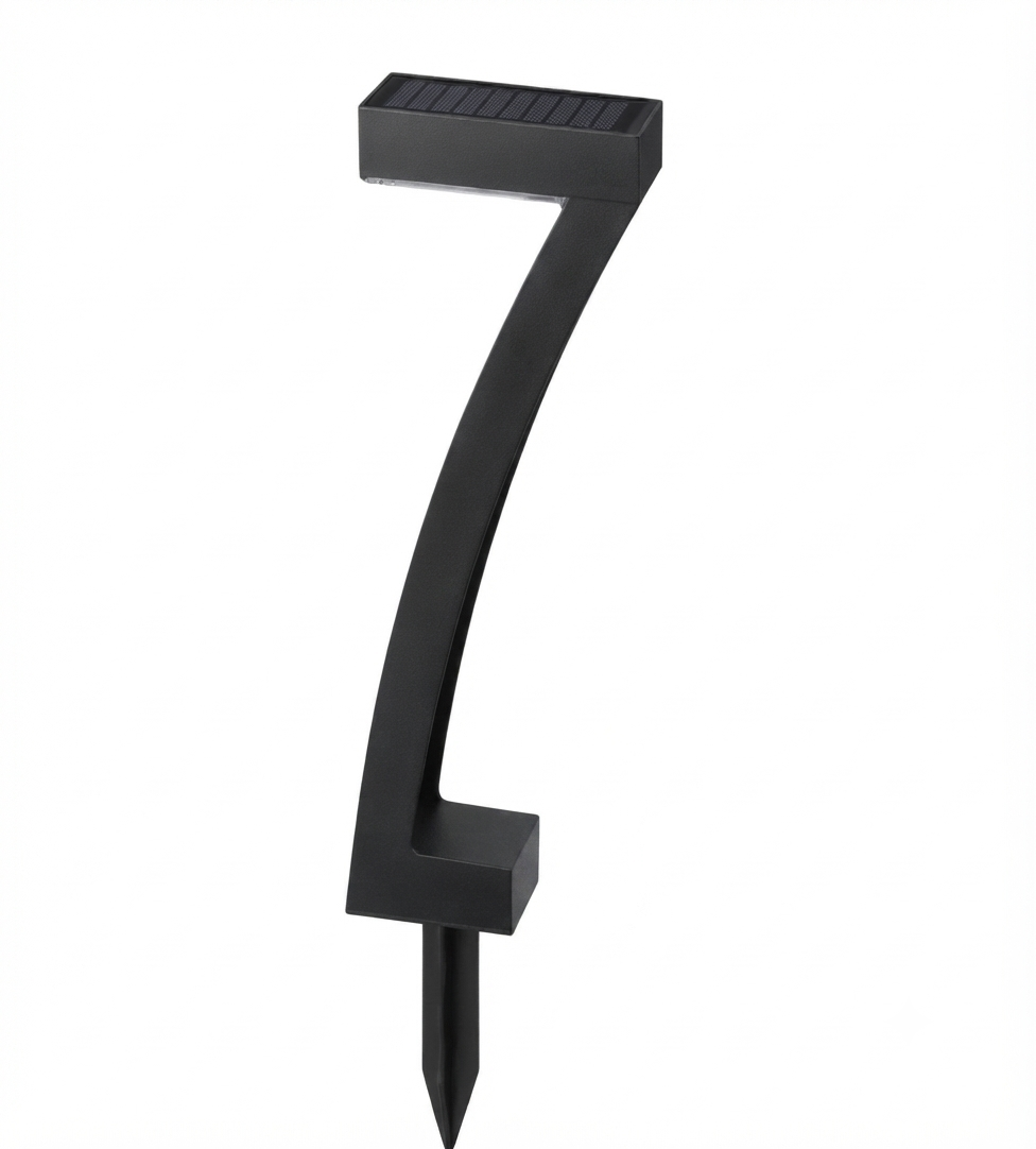 Single modern black solar-powered LED outdoor path light with a curved 7-shaped design and integrated ground stake, shown against a solid white background.