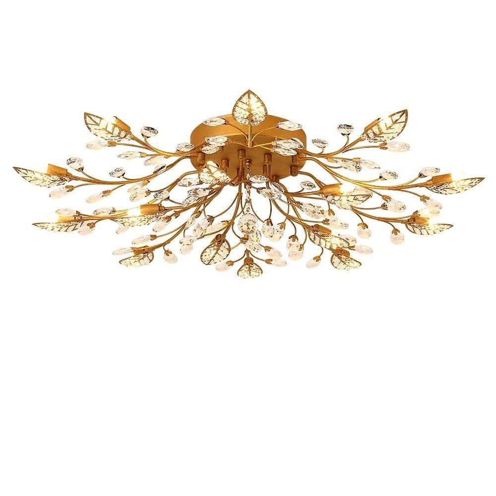 Modern Gold Brass Branch Chandelier with Crystal Leaves for Dining Room