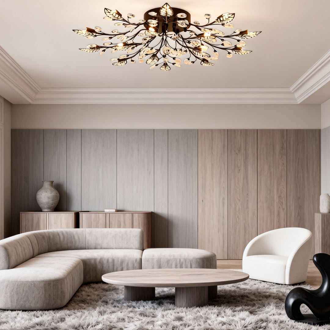 Modern Gold Brass Branch Chandelier with Crystal Leaves for Dining Room