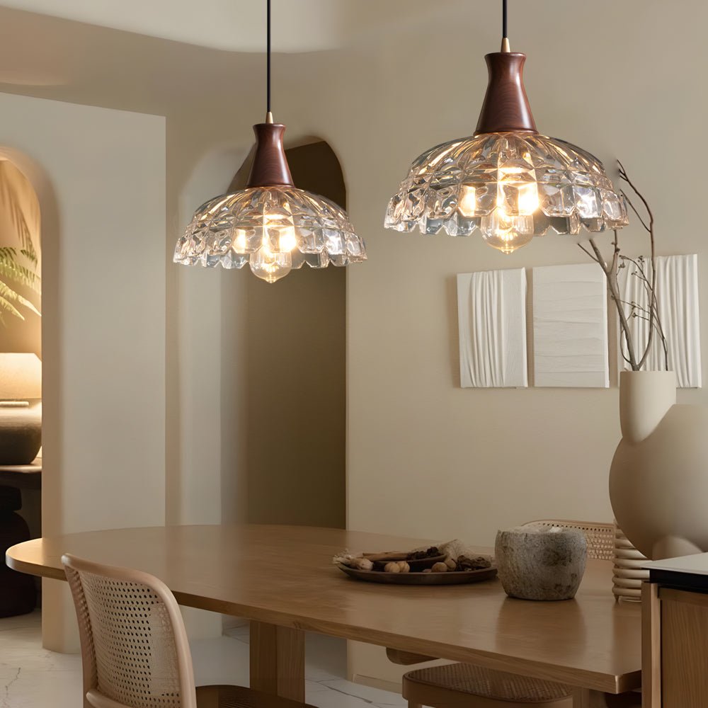 Stylish Copper Blossom Glass Pendant Light with Wooden Handle for Dining Room