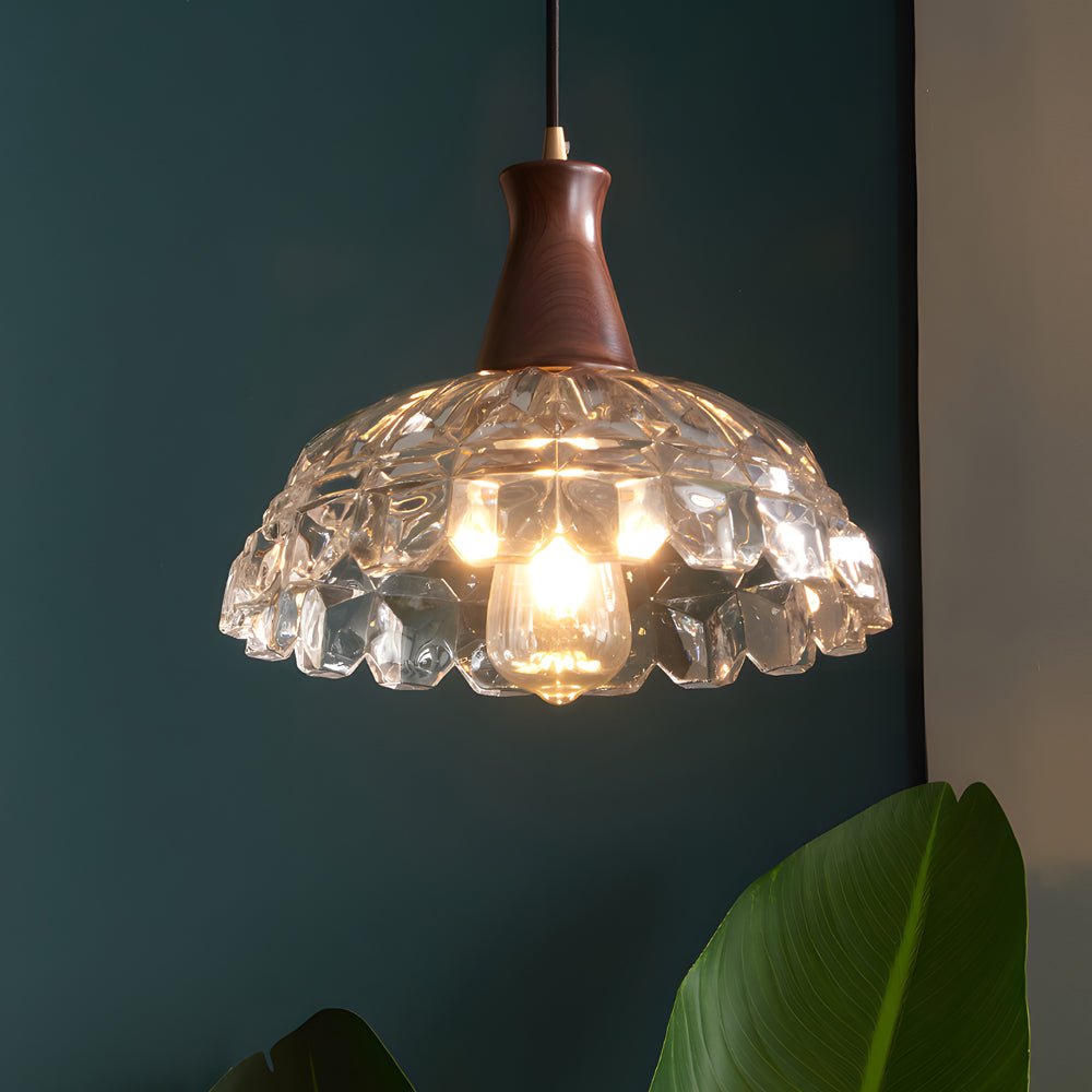 Stylish Copper Blossom Glass Pendant Light with Wooden Handle for Dining Room