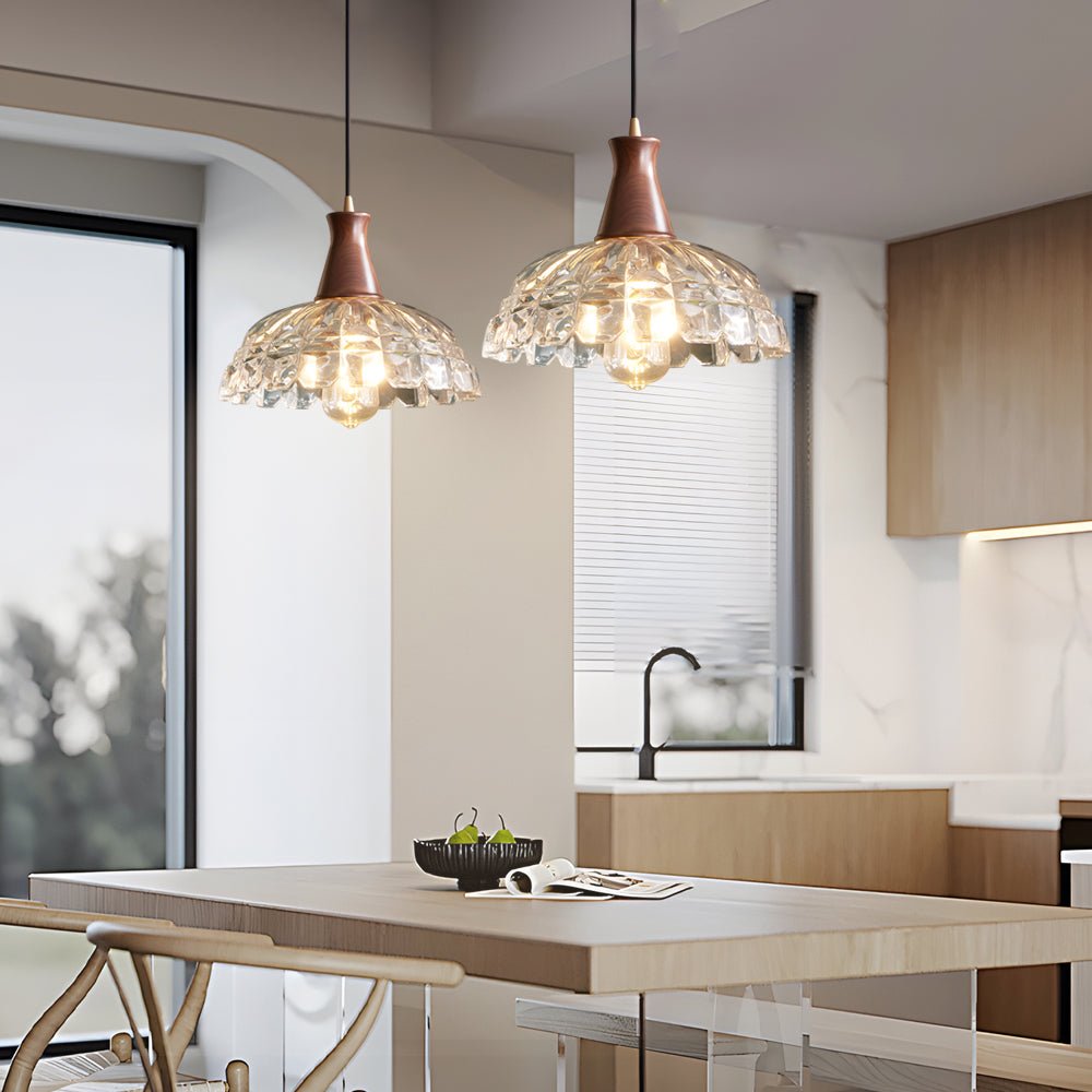 Contemporary Copper Glass Pendant Light with Wooden Handle for Kitchen