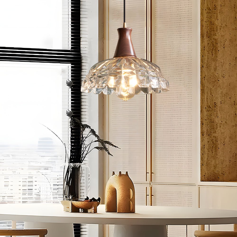 Stylish Copper Blossom Glass Pendant Light with Wooden Handle for Dining Room