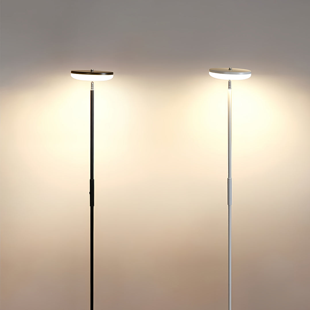 Modern Brass Uplight Floor Lamp with White Shade for Cozy Reading Nook