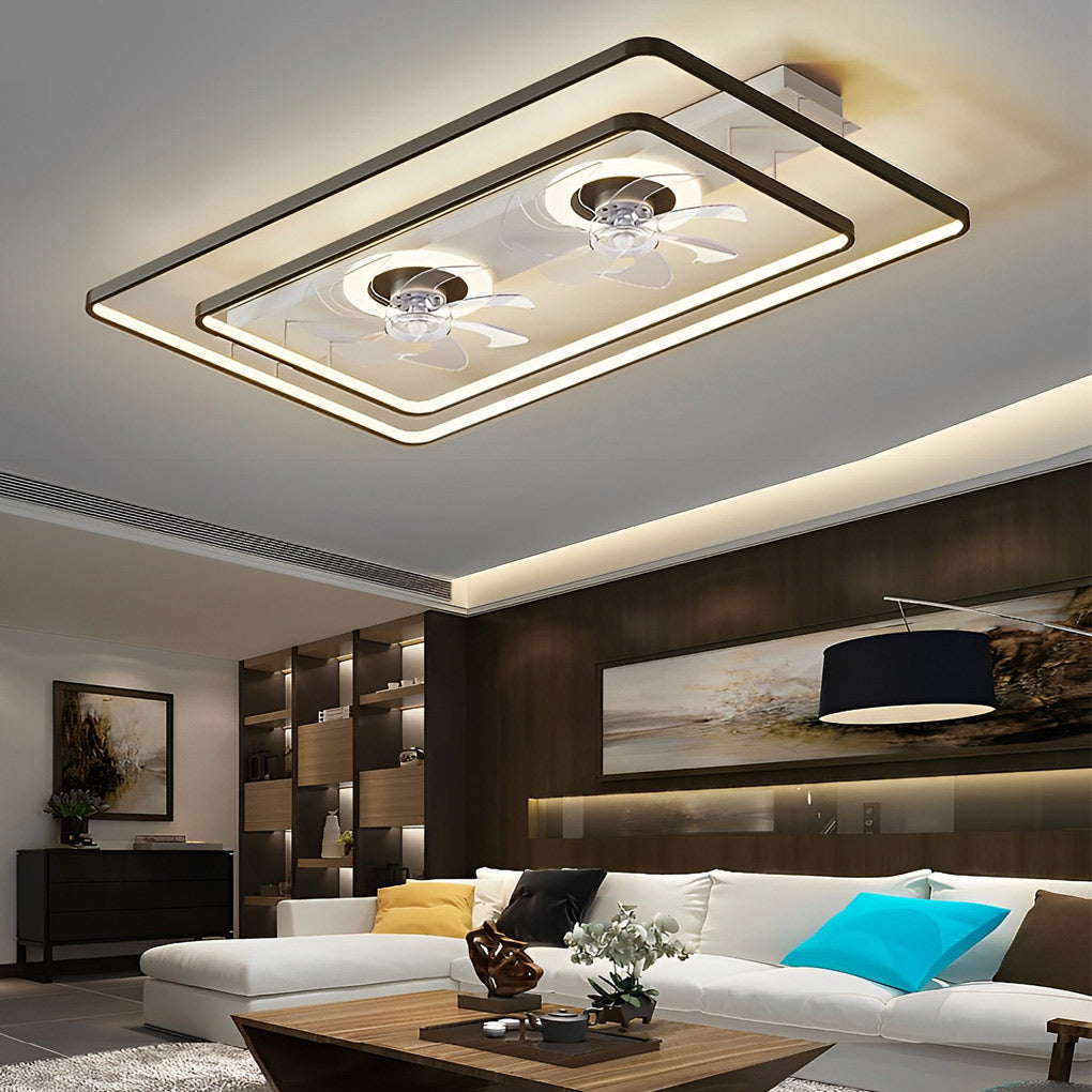 Modern Rectangular Dual Head LED Ceiling Fan with Transparent Blades for Living Room