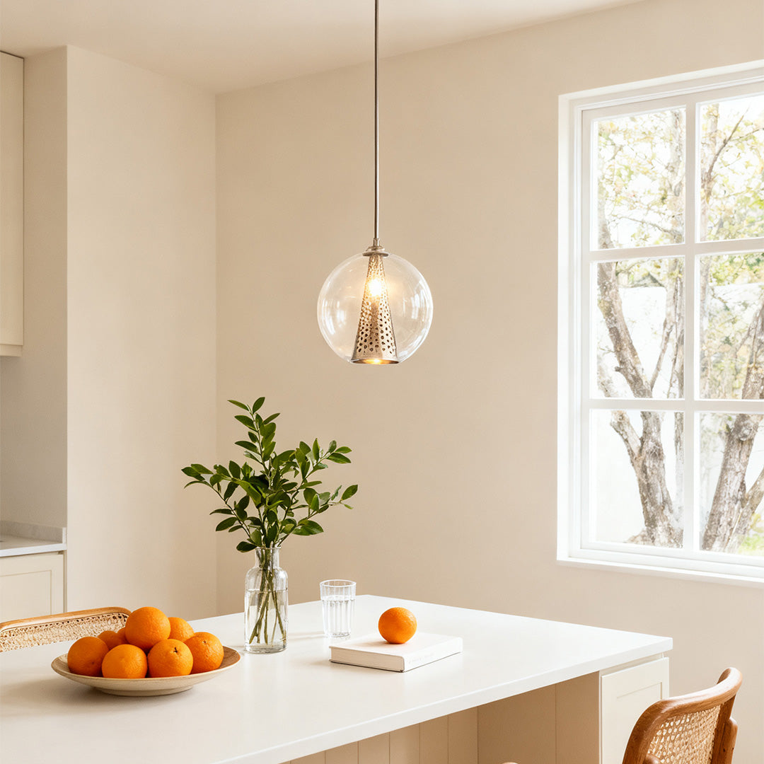 Chic Perforated Metal Cone Pendant Light with Glass Ball for Dining Room