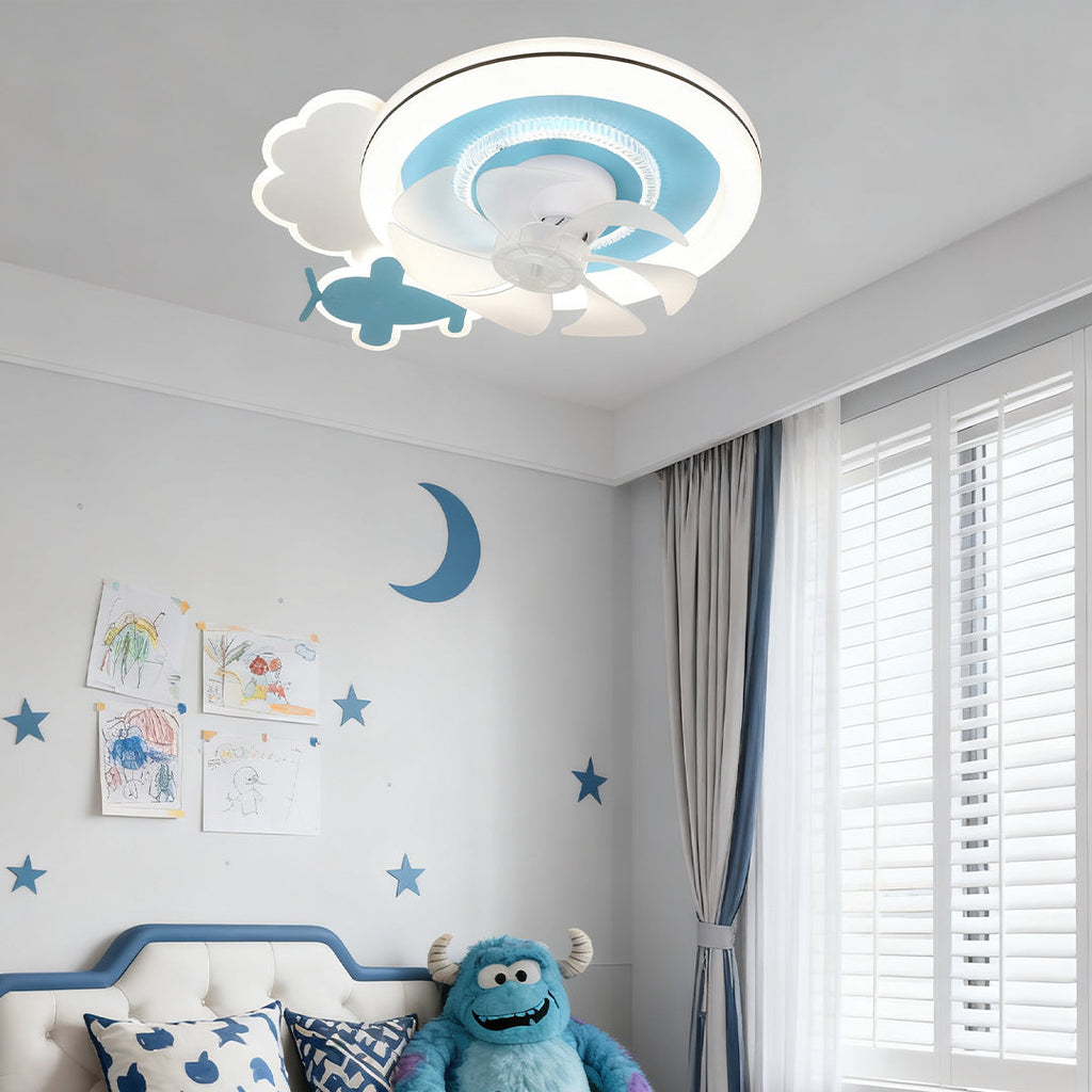 Blue and White Kids' Ceiling Fan with Lights, Quiet Motor for Nurseries