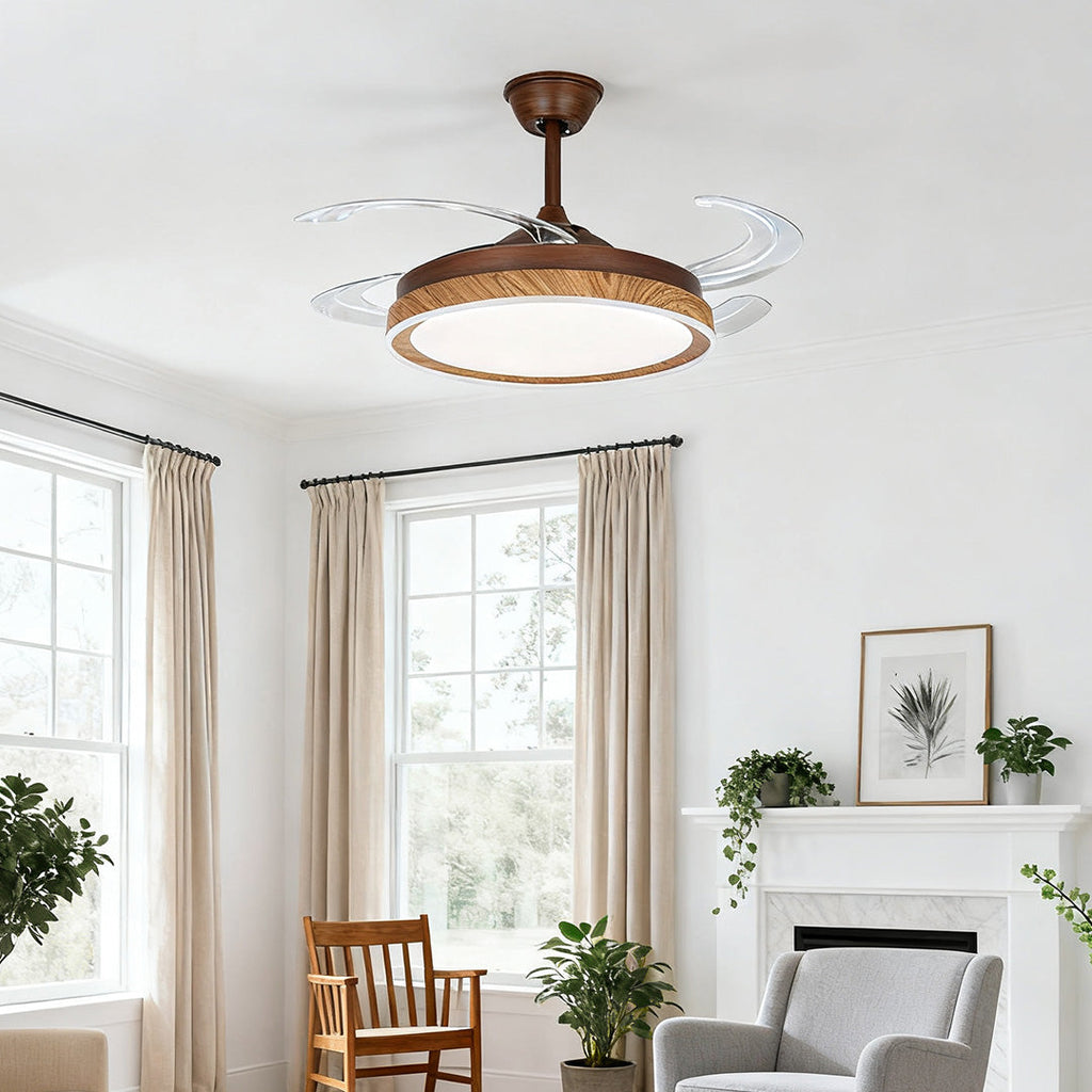 Rustic Walnut Wood Grain Ceiling Fan with 4 Lights for Living Room