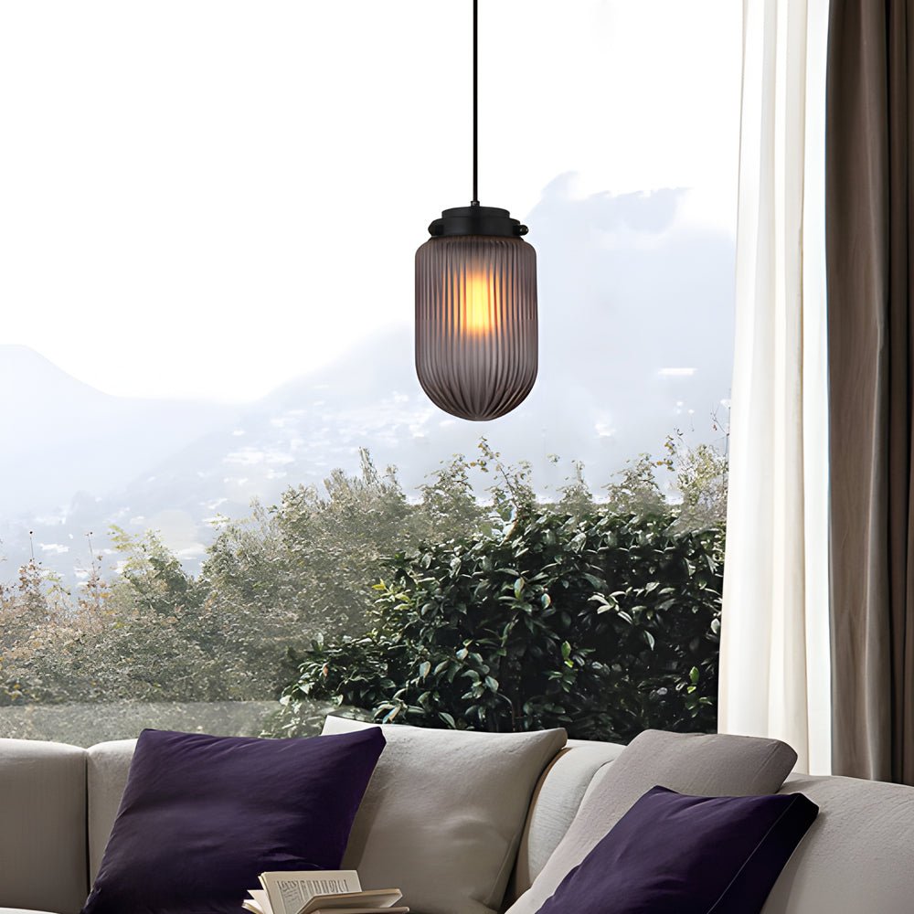 Smoke Gray Modern Ribbed Glass Pinecone Pendant Light for Dining Room