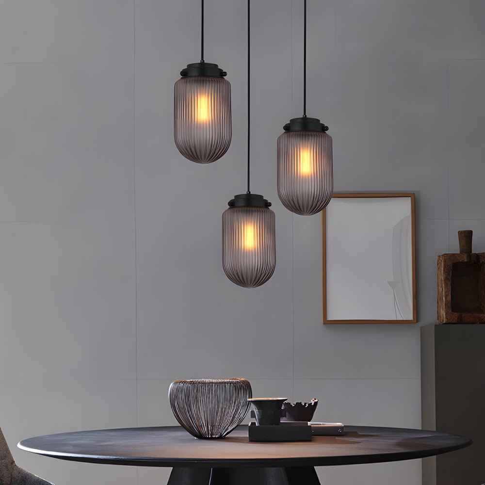 Modern Smoke Gray Ribbed Glass Pinecone Pendant Light for Home Décor