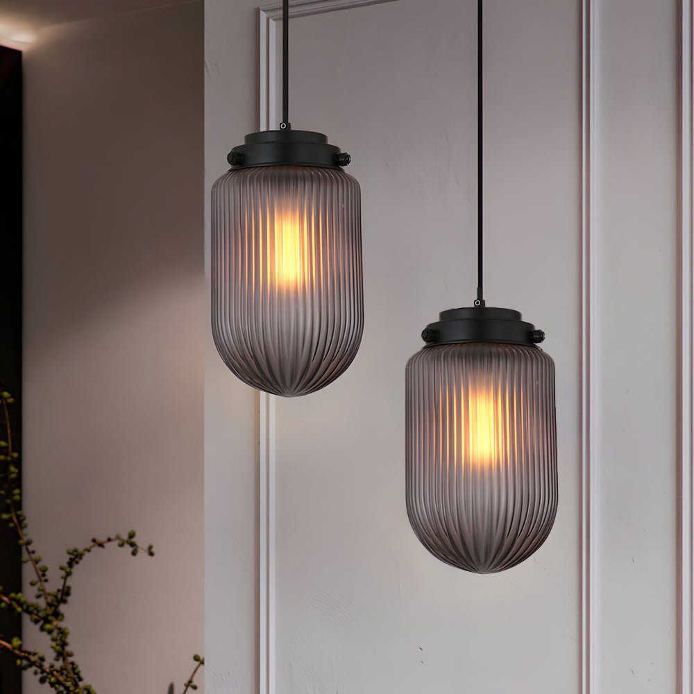 Modern Smoke Gray Ribbed Glass Pinecone Pendant Light for Home Décor