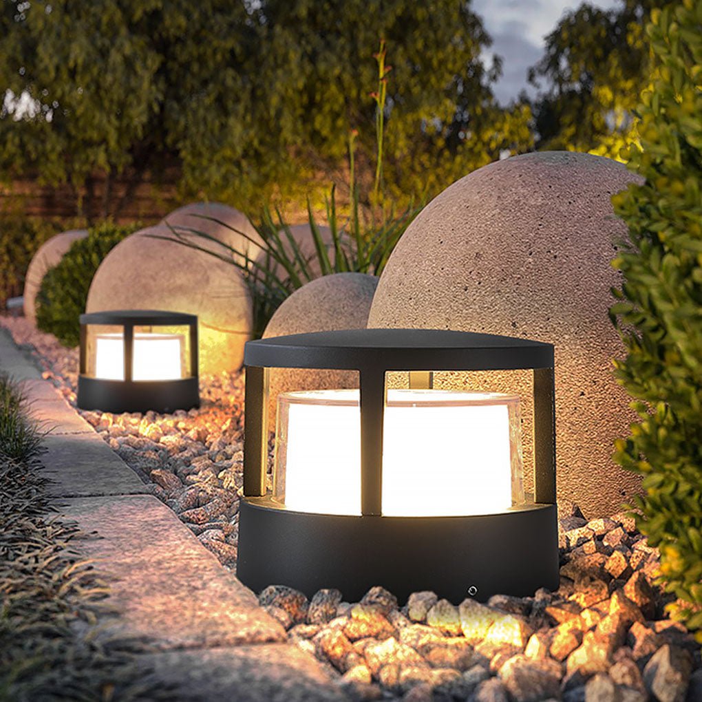Sleek Black Modern Round Outdoor Post Light with Double-Layered Shade