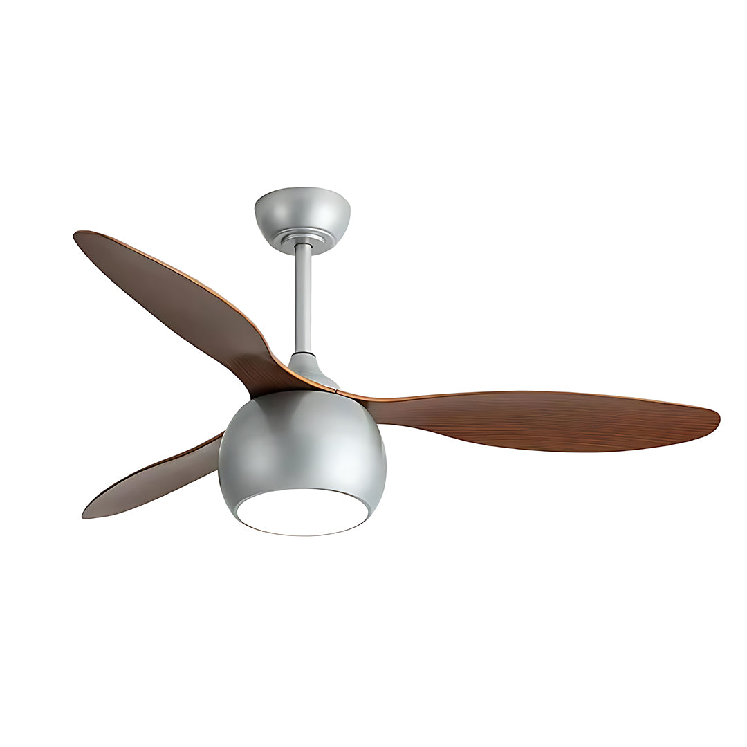 Elegant Silver LED Ceiling Fan with Light Wood Grain Finish for Living Room