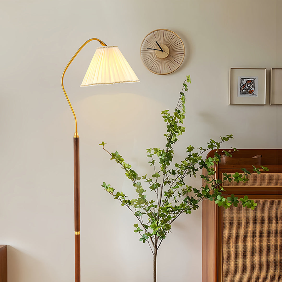 Elegant Walnut Floor Lamp with Retro Fabric Shade for Living Room Decor