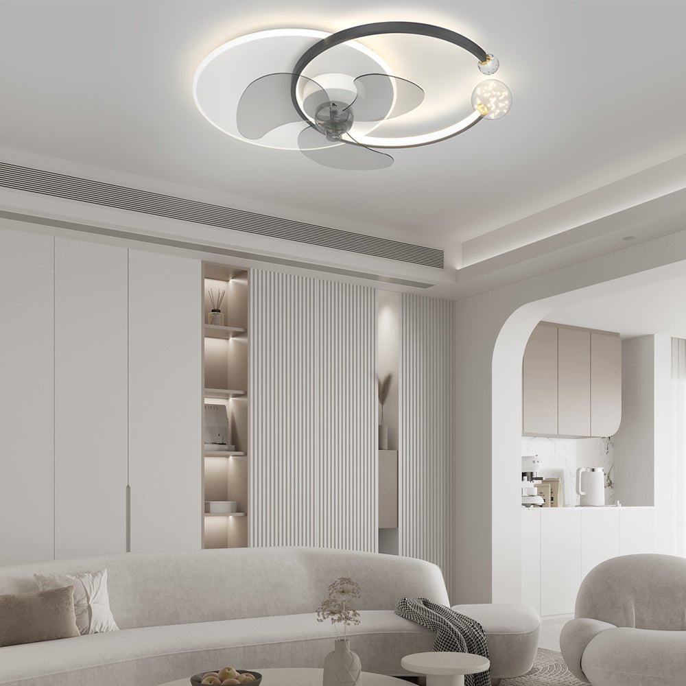 Modern White Round LED Flush Mount Ceiling Fan Lamp for Living Room