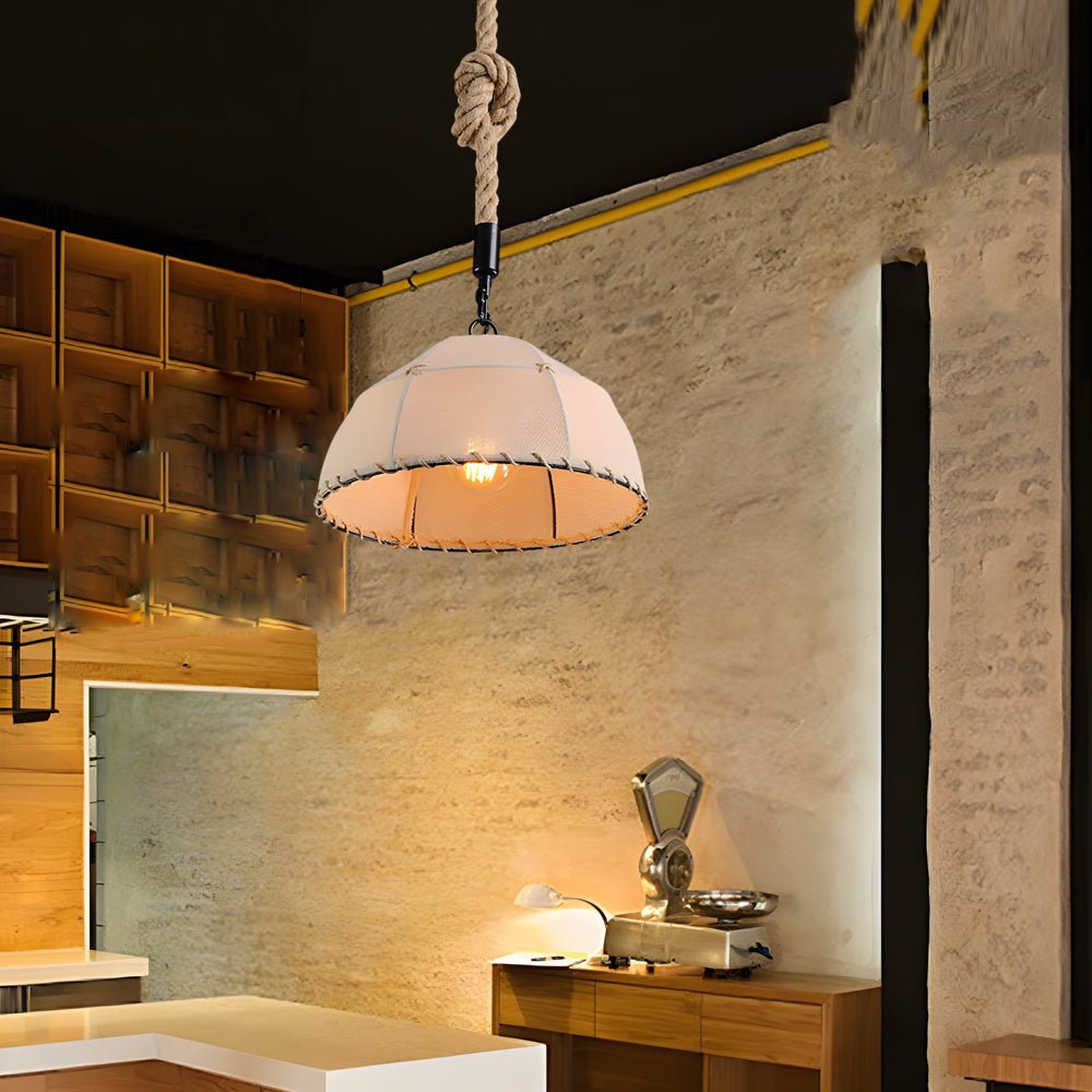 Vintage Linen Lampshade LED Chandelier with Hemp Rope for Living Room