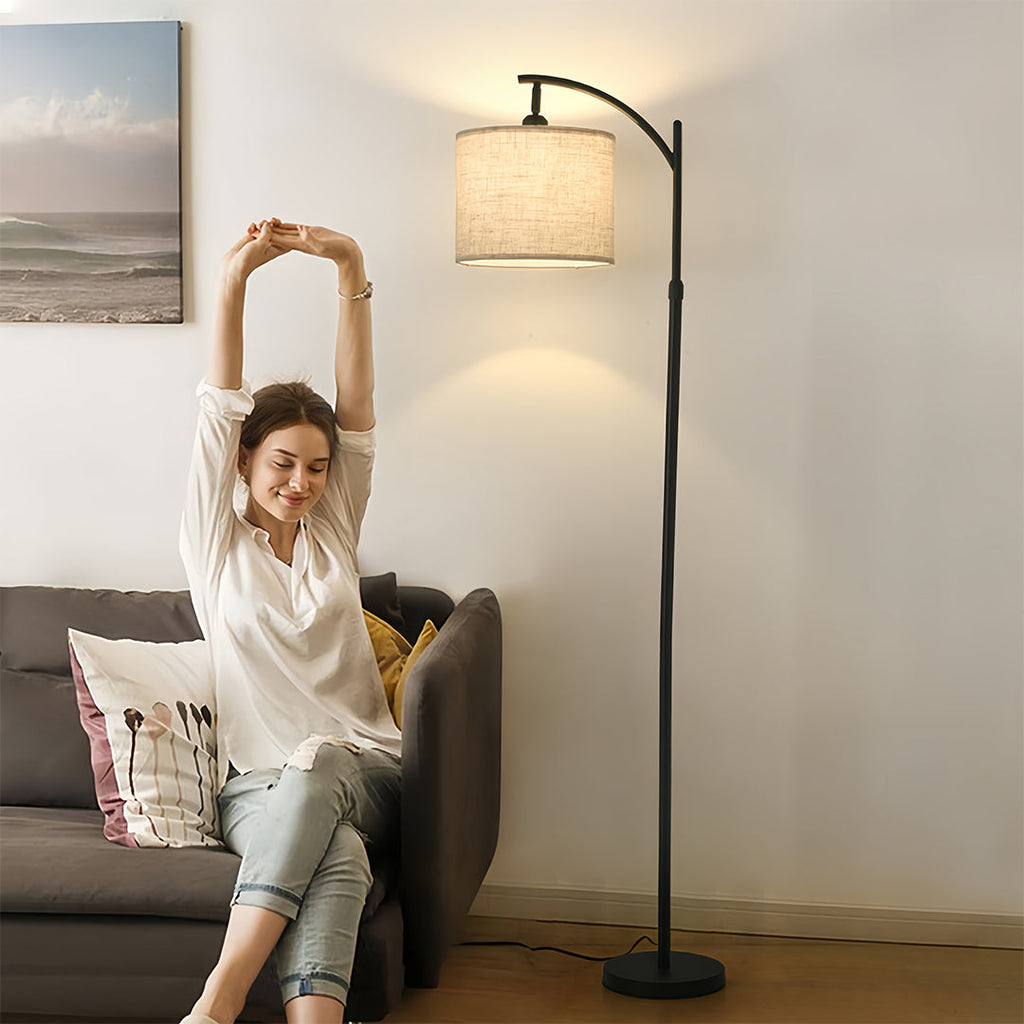Minimalist White Fabric Shade Arc Floor Lamp in Modern Metal for Living Room