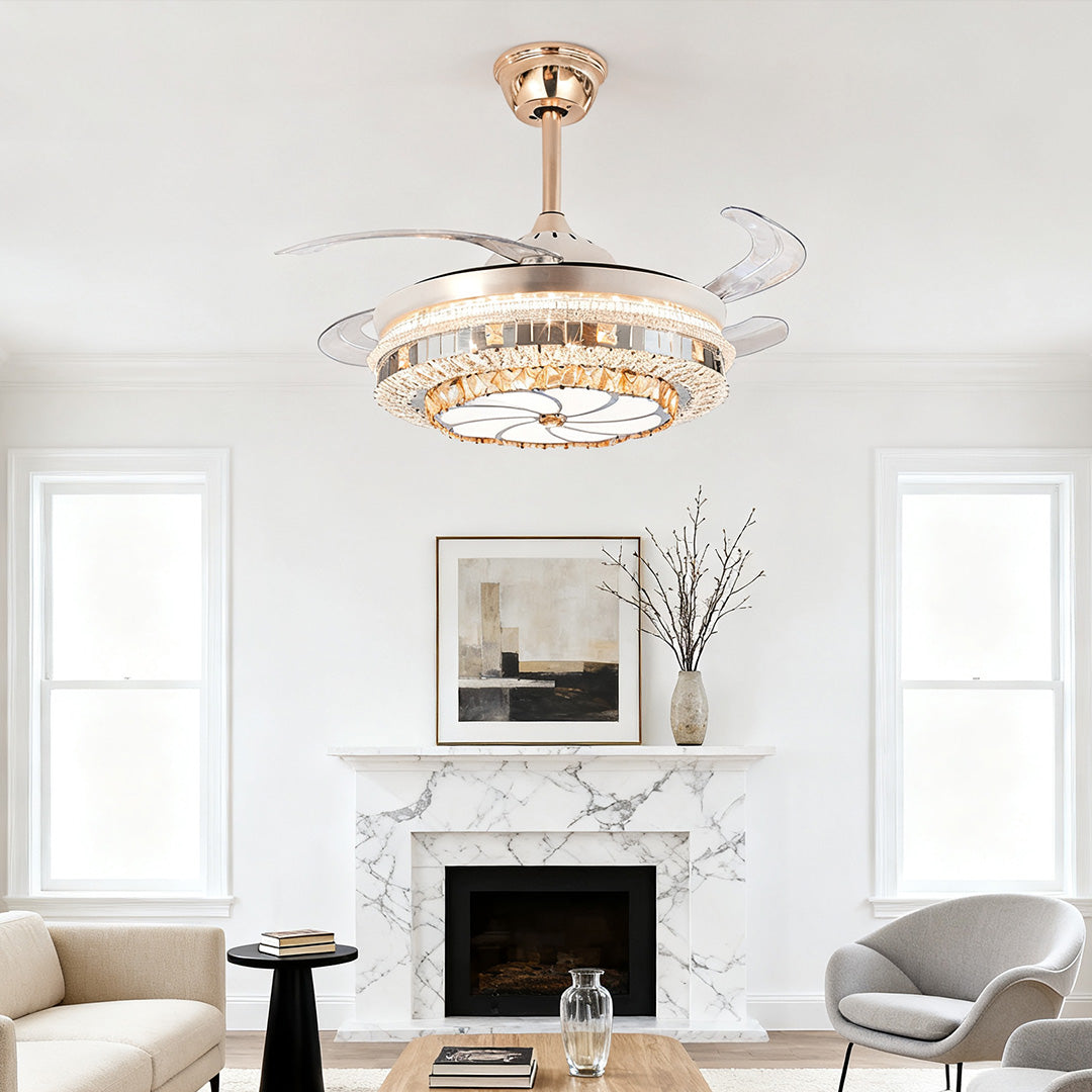 Modern Gold Crystal Ceiling Fan with Light for Living Room Décor