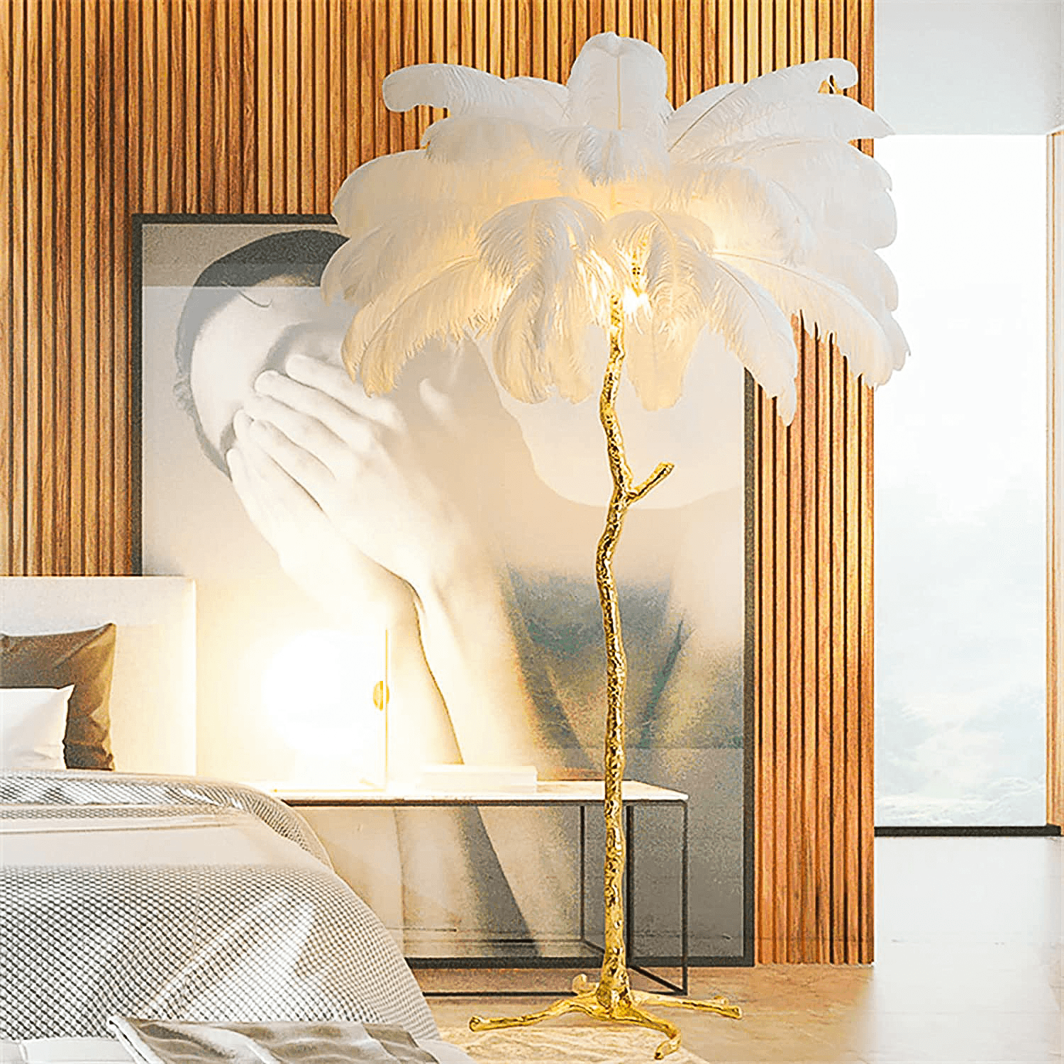 Luxurious White Ostrich Feather Floor Lamp for Living Room Bedroom Deco