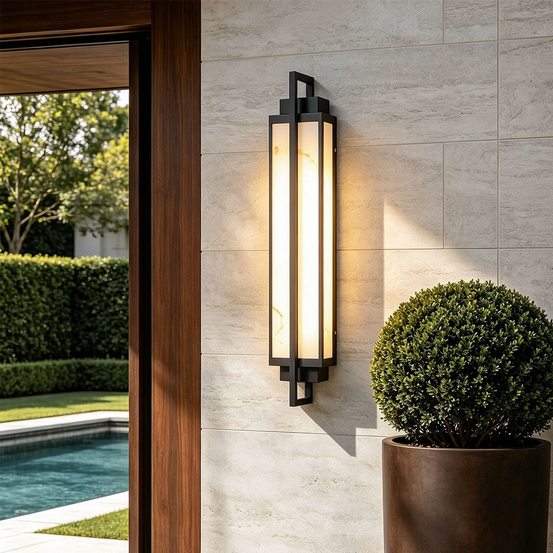 Modern Black Alabaster Outdoor Wall Sconce Linear Light for Patio Decor