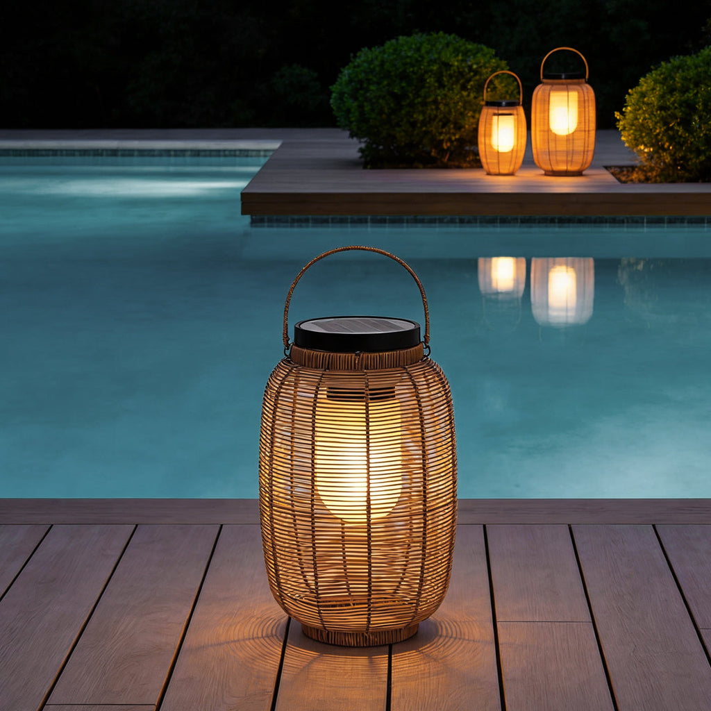 Rustic Brown Waterproof Solar LED Rattan Lanterns for Outdoor Decor