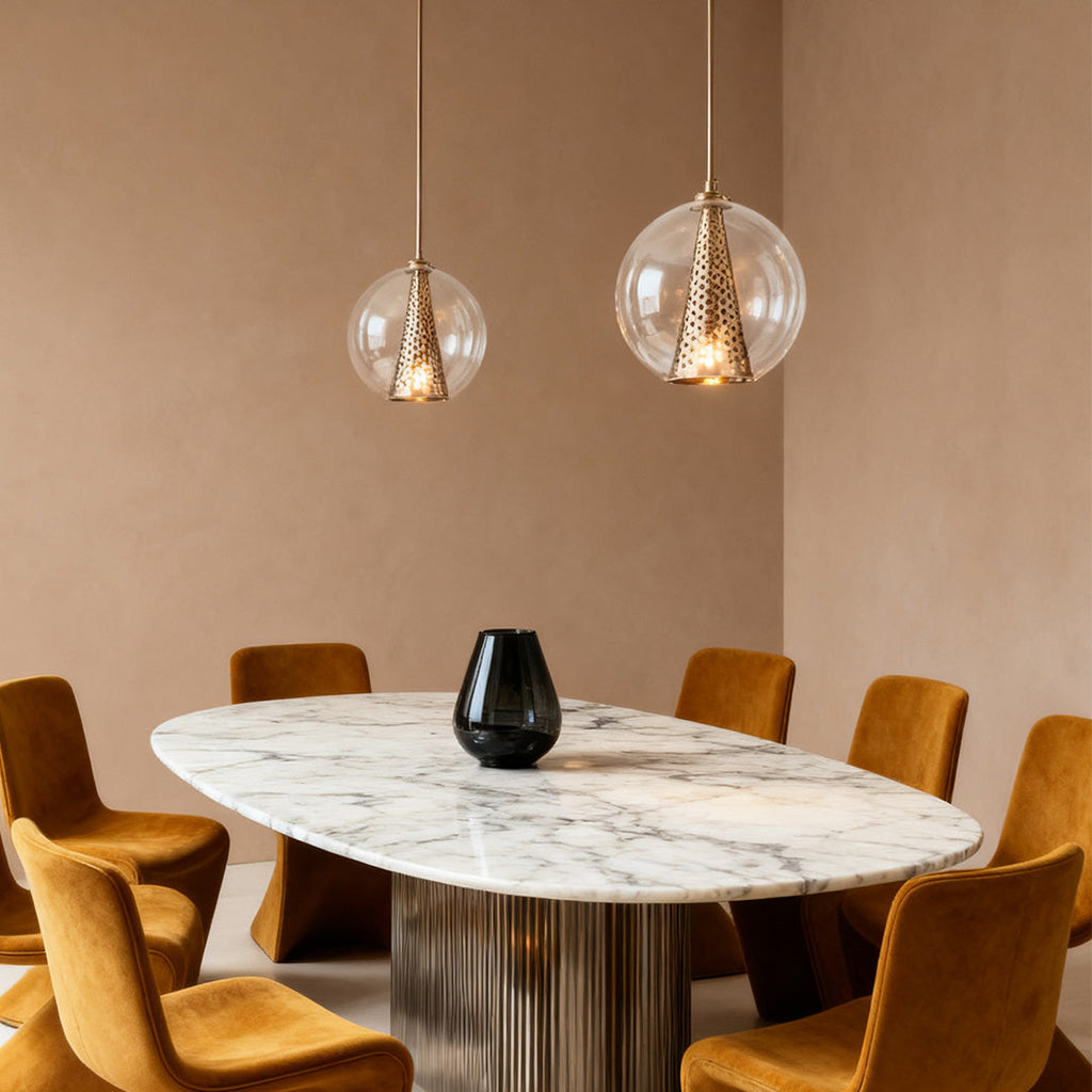Chic Perforated Metal Cone Pendant Light with Glass Ball for Dining Room