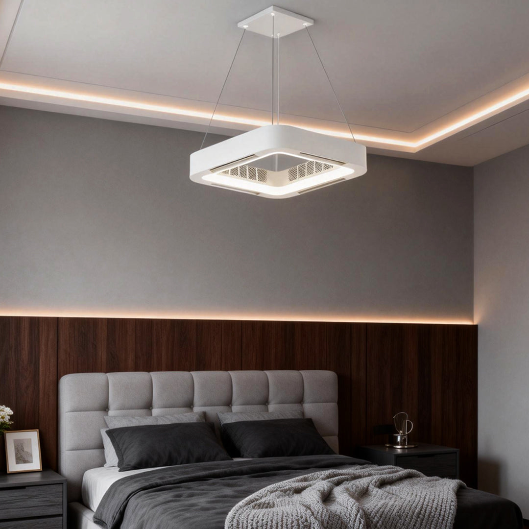 Sleek White Bladeless Ceiling Fan with LED Light for Modern Living Rooms
