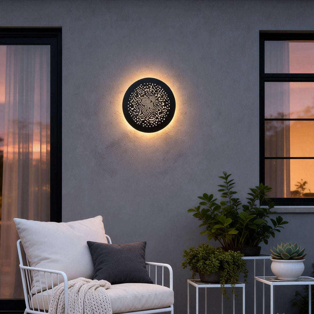 Black Waterproof LED Perforated Metal Wall Sconce for Modern Spaces