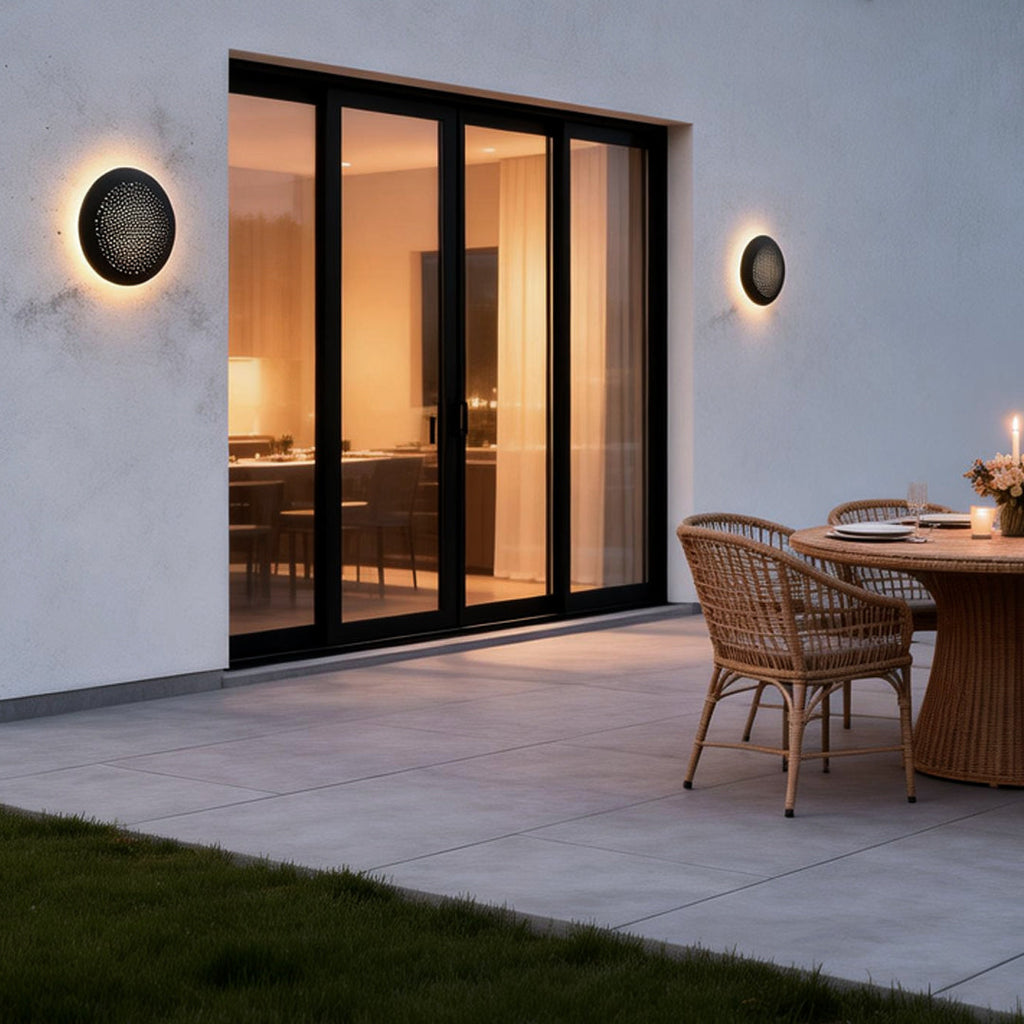 Black Waterproof LED Perforated Metal Wall Sconce for Modern Spaces